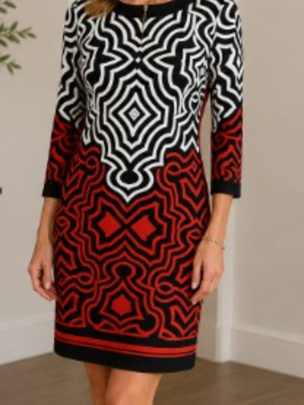 Kenar Geometric Print Dress Size 8 Black White Red Sheath 3/4 Sleeve